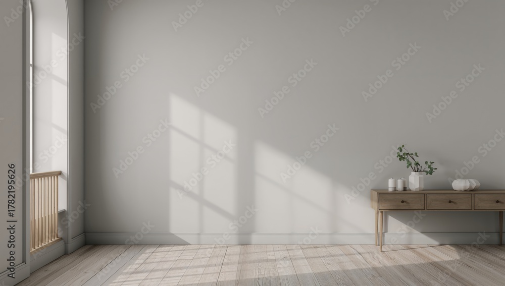 Fototapeta premium Mockup of an empty gray wall suitable for artwork display, neutral pastel colors for accentuation