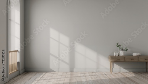 Mockup of an empty gray wall suitable for artwork display, neutral pastel colors for accentuation