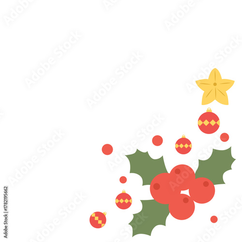 Classic Christmas corner with holly berries, red ornament, and golden star — ideal for traditional holiday layouts.
