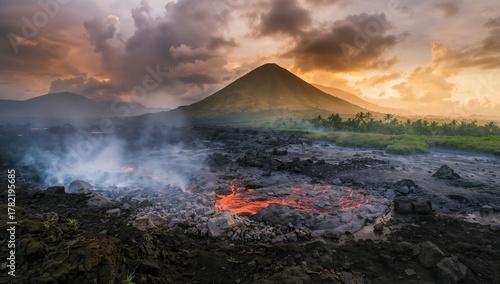 Amazing volcanic lava terrain surrounding an active volcano on a remote island