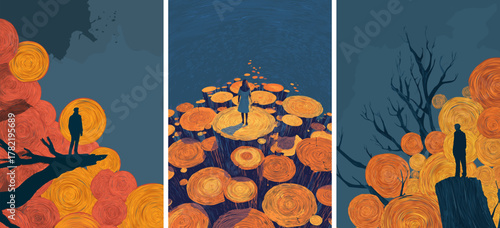 Man walking in fantasy forest cartoon vector poster. Male silhouette trees stump branches, character watching dreams unreal world night sky wood cuts blue background