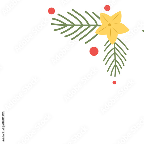Bright Christmas corner with golden star, pine leaves, and red accents — suitable for cheerful holiday invitations.