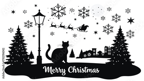 Whimsical merry christmas silhouette scene featuring a black cat santa s sleigh snowflakes and decorated trees under a full moon