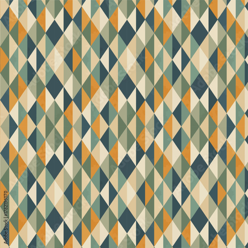 Seamless Mid-Century Modern Geometric Pattern. Retro Diamond Tile Design with Muted Teal, Olive Green, and Orange Colors. Vintage Background for Wallpaper, Fabric, or 60s Inspired Design.
