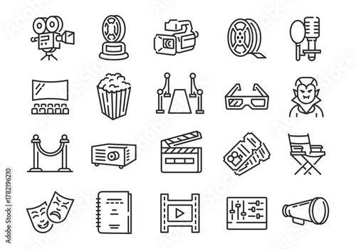 Cinema icons. Set of 20 cinema trendy minimal icons. Camera, Clapper, Popcorn, Projector, Ticket icon. Design signs for web page mobile app packaging design. Vector illustration