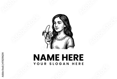 Illustration of a young woman holding a banana, perfect for food or lifestyle branding