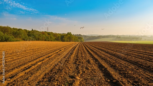 Sunny day over a freshly tilled farm field with a faint mist in the distance