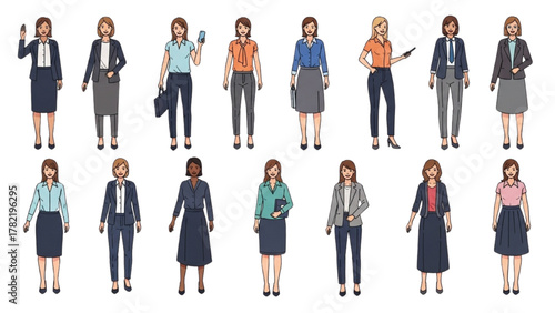 Diverse group of women in professional business attire standing in rows
