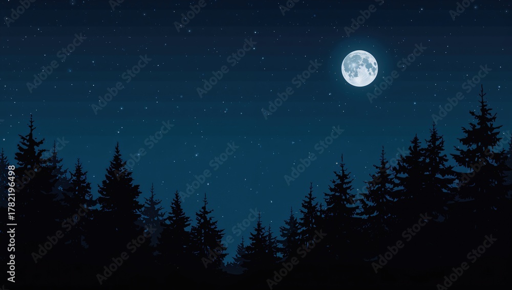 Naklejka premium Charming moon character in a star-filled night sky, whimsical charm in a dark forest setting