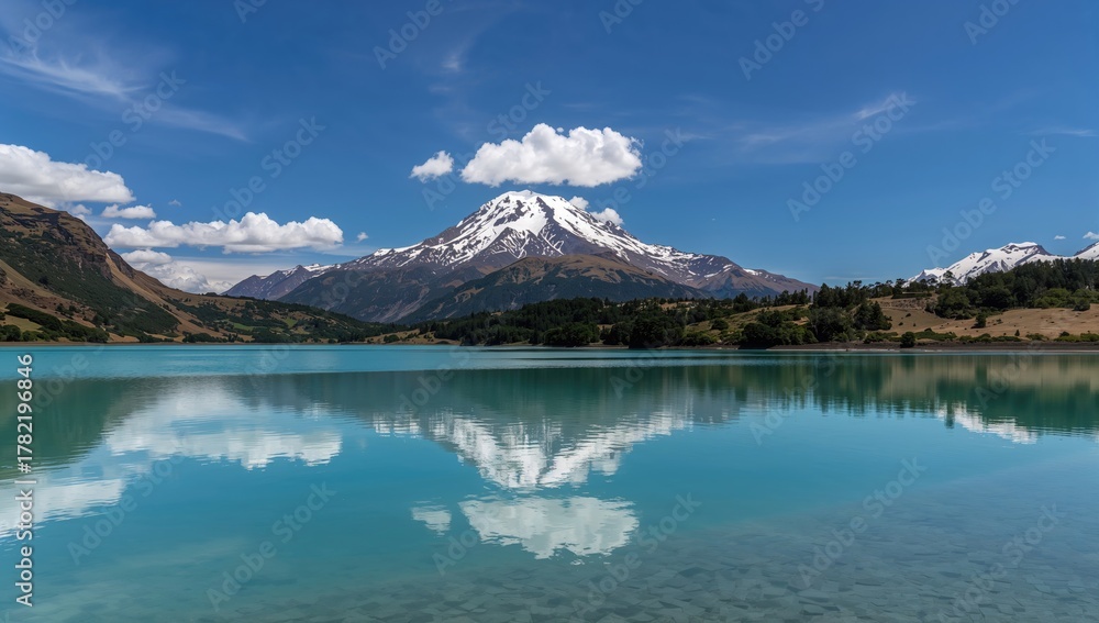 Naklejka premium Snow-capped peak with blue sky and water in a natural landscape