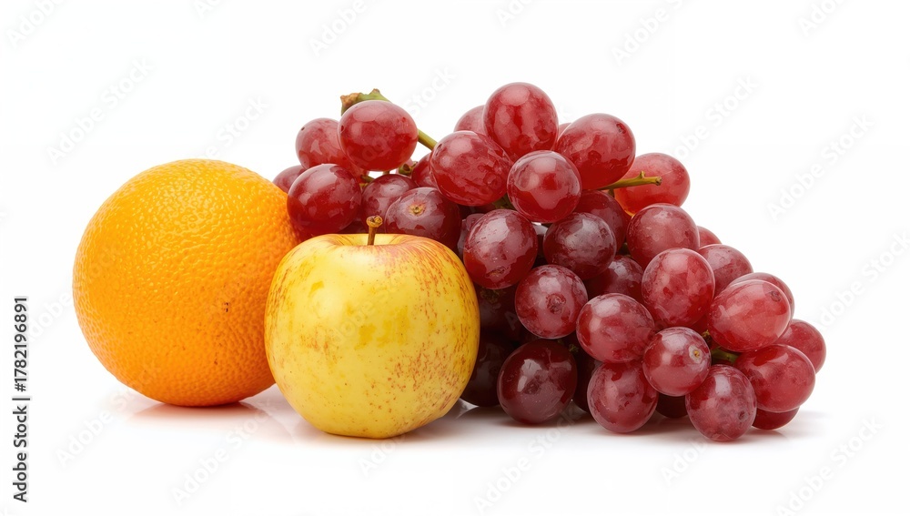 Naklejka premium Mixed Fruit Arrangement, vibrant colors of apples, grapes, and oranges, fiber-dense choice