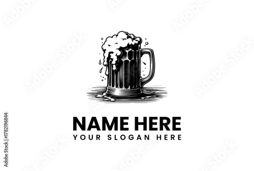 Hand-drawn style vector illustration of an overflowing beer mug with rich foam, ideal for craft beer branding, pub signs, or brewery logos with a vintage feel