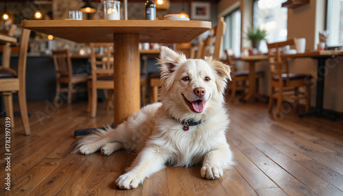 A dog is lying near a table in a cozy cafe