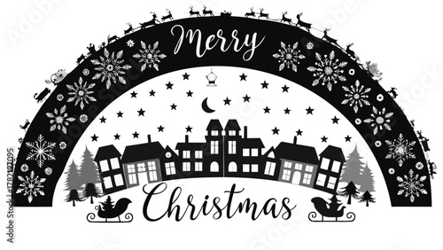 Whimsical merry christmas scene with santa s sleigh and reindeer flying over a charming village and snowflakes