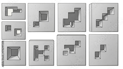 Abstract Geometric Shapes Engraved in Stone-like Cubes