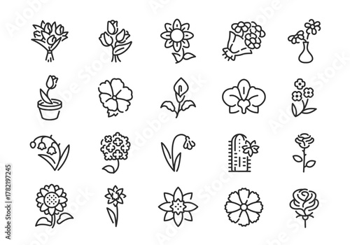 Flower icons. Set of 20 flower trendy minimal icons. Rose, Tulip, Sunflower, Orchid, Vase icon. Design signs for web page mobile app packaging design. Vector illustration