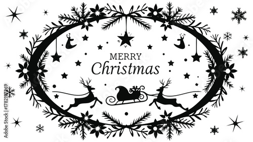 Elegant black silhouette of merry christmas text with reindeer sleigh and festive ornaments on white background