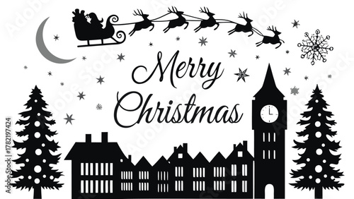 Silhouette of santa claus in his sleigh pulled by reindeer flying over a town with christmas trees and stars