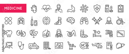Medicine icons. Large set of medicine trendy minimal icons. Heart, Doctor, Syringe, Lungs, Brain, Pill, Ambulance icon. Design signs for web page, mobile app, packaging design. Vector illustration