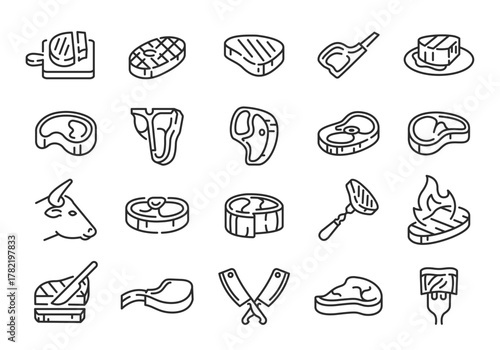 Steak icons. Set of 20 steak trendy minimal icons. Ribeye, Tbone, Grilled, Knife, Flame icon. Design signs for web page mobile app packaging design. Vector illustration