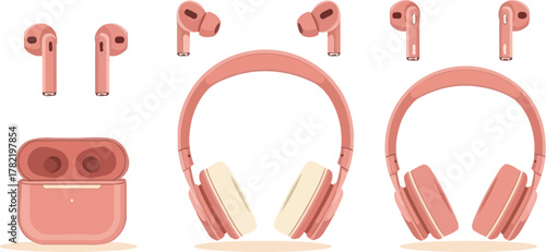 Wireless earbuds and headphones in pink, a set of audio accessories for listening to music and podcasts