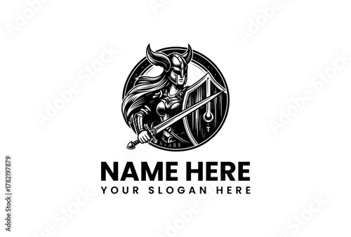 Striking Female Warrior Logo Design with a Horned Helmet, Sword, and Shield, Evoking Strength, Courage, and Ancient Lore, Ideal for Brand Identity or Gaming