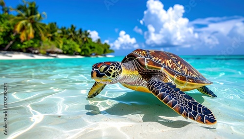 Fototapeta Naklejka Na Ścianę i Meble -  Sea turtle swims in the shallow, crystalline waters near a white sand beach, with palm trees under a blue sky