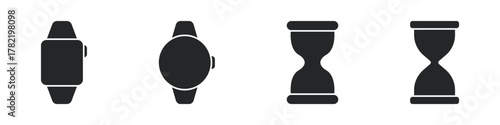 Smartwatch And Hourglass Solid Icon Set. Time Management, Digital Tracking, And Countdown Silhouette Symbol Collection. Modern Technology And Traditional Timekeeping. Isolated Vector Illustration