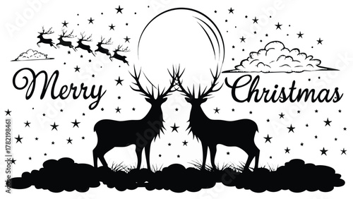 Silhouette of two majestic reindeer with large antlers in front of a full moon and a starry night sky with santa s sleigh flying