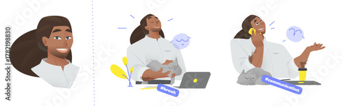 Cartoon Vector Illustration of a Confident Black Businessman Taking a Relaxed Break with his Cat and Talking on the Phone. Depicts Positive Emotions, Modern Lifestyle, and Healthy Work-Life Balance.