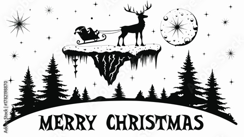 Silhouette of santa claus in a sleigh pulled by a reindeer on a snowy cliff with christmas trees and stars