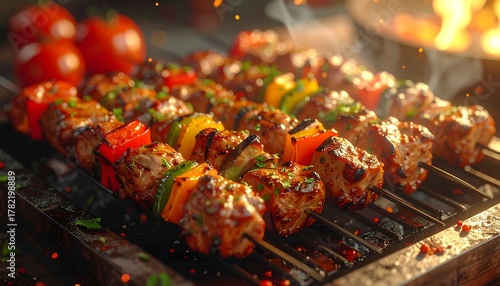 Fototapeta Naklejka Na Ścianę i Meble -  Skewered meat and vegetables grilling, emitting smoke, over a griddle with a blurred flame and tomatoes backdrop