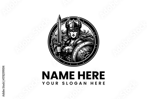 Viking Warrior Woman Shield Sword Emblem Logo Illustration