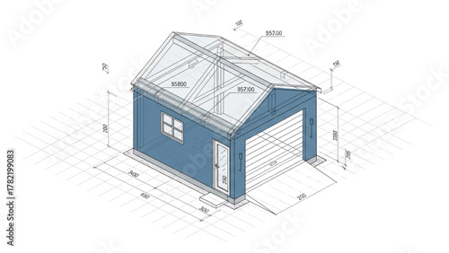Garage Isometric Blueprint Technical Drawing of a Single Car Structure