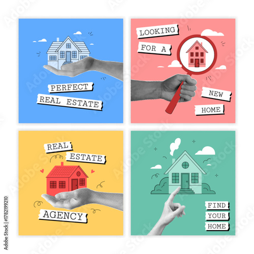 Real estate. Hand holding property. Home search for rent or purchase. Collage with doodle house and dotted newspaper arm palm. Halftone art. Apartment realtor. Modern building. Vector garish cards set