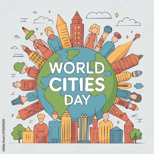 Vibrant World Cities Day illustration showcasing a global community of diverse people and iconic urban architecture surrounding the Earth, designed in a modern line and flat style for celebration