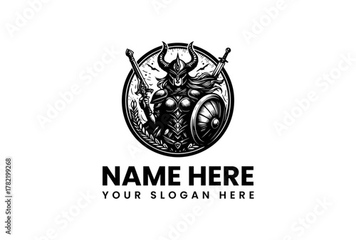 Epic Warrior Logo A Detailed Illustration Featuring a Fierce Viking Woman Ready for Battle, Shield in Hand