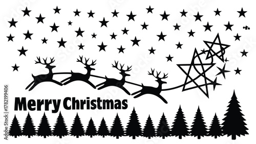 Silhouette of santa s reindeer team pulling a sleigh through a starry night sky above a forest with merry christmas text