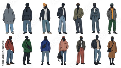 Collection of Diverse Casual and Urban Streetwear Outfits, Showcasing Modern Youth Fashion Styles and Contemporary Clothing Trends