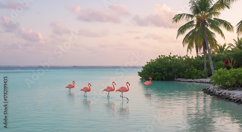 Flamingos wading in tranquil turquoise waters at sunset in Aruba.