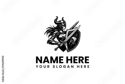 Striking monochromatic illustration of a fierce valkyrie goddess, clad in intricate armor, wielding a sharp sword and sturdy shield, symbolizing protection and valor, ideal for a strong brand identity