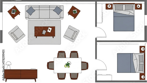 Detailed Architectural Floor Plan Illustration Showing Modern Apartment Layout and Furniture Arrangement