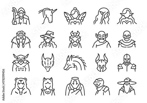 Fantasy icons. Set of 20 fantasy trendy minimal icons. Wizard, Elf, Dragon, Knight, Orc icon. Design signs for web page mobile app packaging design. Vector illustration