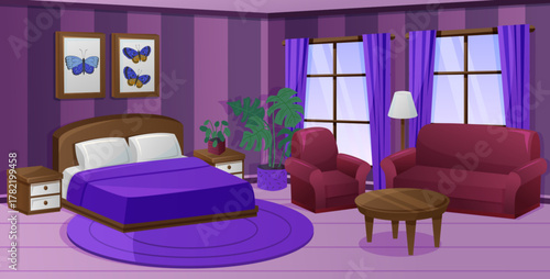 Bedroom interior at night. Decor in dark room. Comfortable bed. Armchair and sofa. Window in home at evening time. Cartoon design of apartment furniture. Cozy house indoor. Vector garish decoration