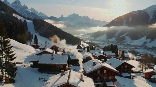 Winter mountain village with chimney smoke at sunrise