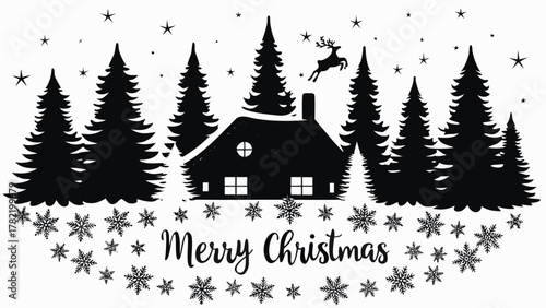 Whimsical silhouette of a cozy cabin surrounded by pine trees with a reindeer flying above and snowflakes below