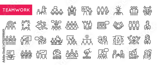 Teamwork icons. Large set of teamwork trendy minimal icons. Meeting, Handshake, Presentation, Brainstorm, Group icon. Design signs for web page, mobile app, packaging design. Vector illustration