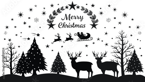 Whimsical merry christmas silhouette design featuring santa claus in his sleigh pulled by reindeer over a snowy landscape with pine trees and deer