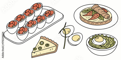 An assortment of savory dishes including eggs and pizza on a white background