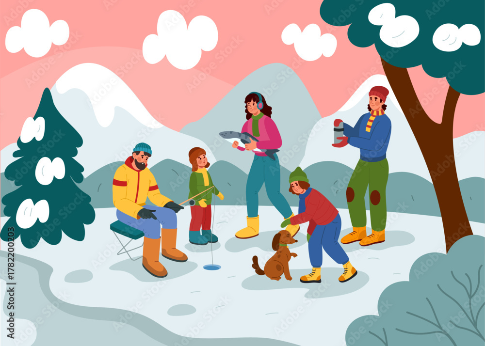 Fototapeta premium Winter landscape fishing. Family in nature, angling together. Tree in snow. Forest with ice mountains on background. Sports fishery during vacation. Vector cartoon flat isolated tidy illustration
